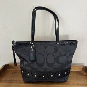 Coach Black Sateen Signature C Black Patent Leather Trim Studded Tote